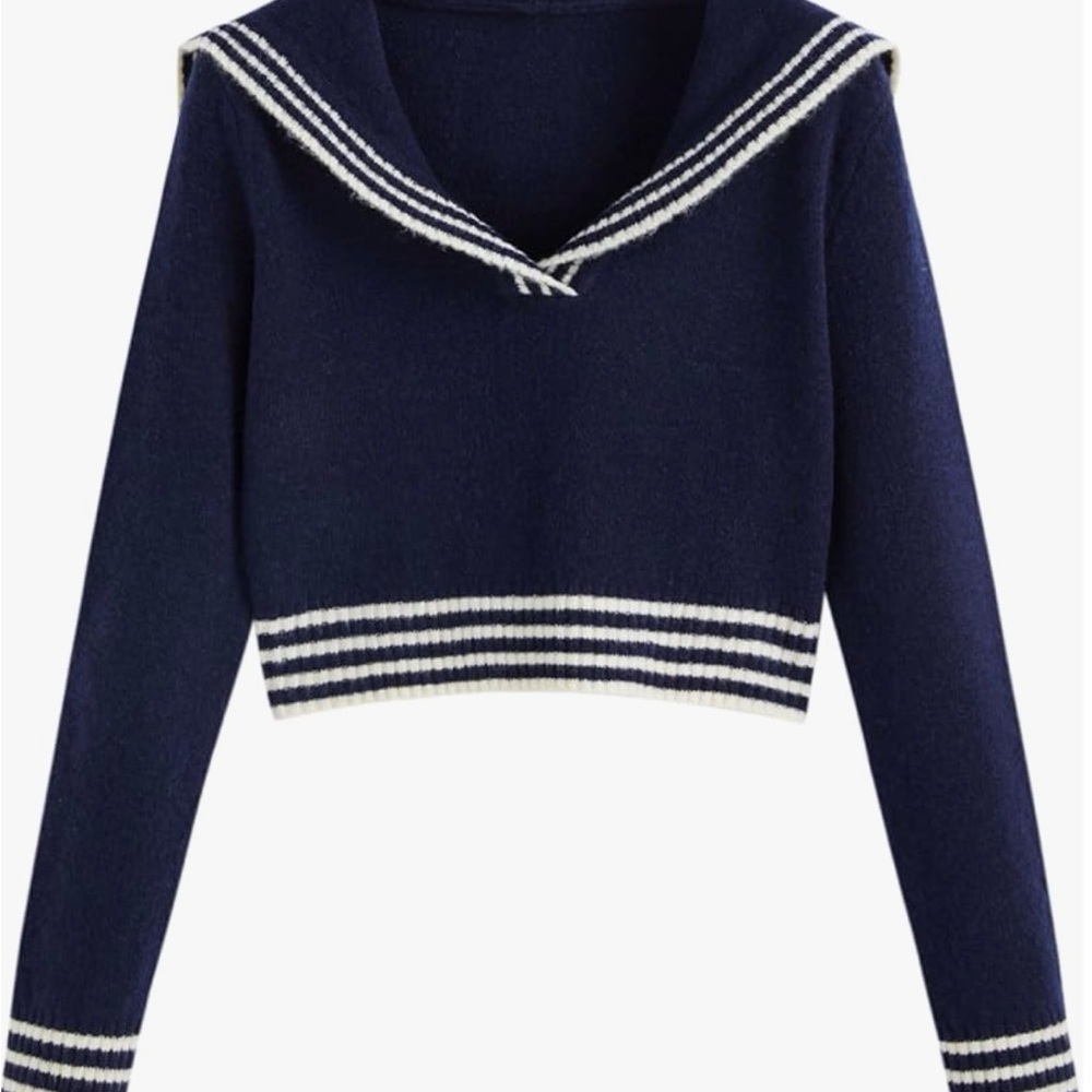 Cider V-Neck Knit Sailor Collar Wool-Blend Crop Sweater